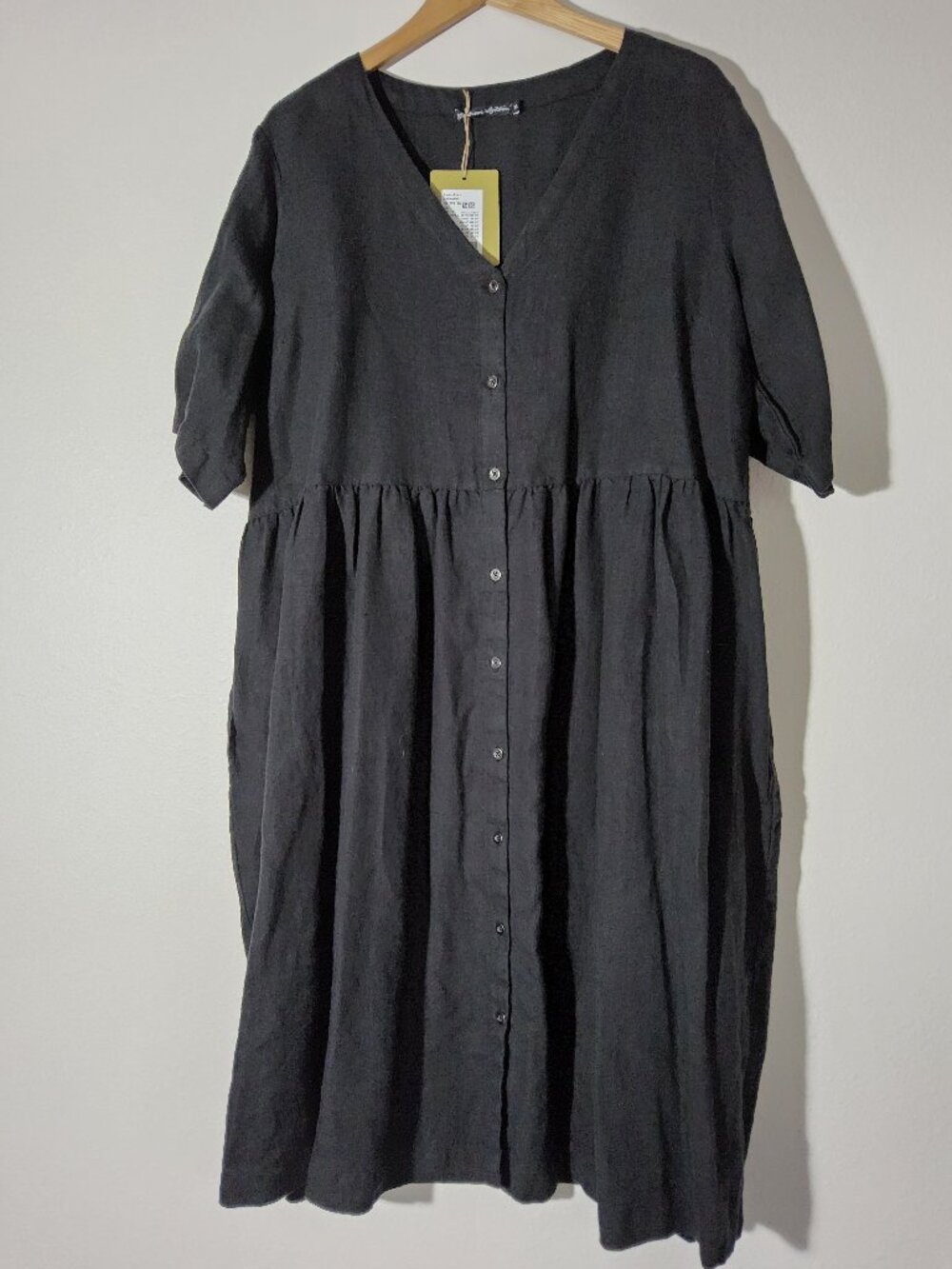 NWT Gudrun Sjoden  Black Swedish Linen Button Front Midi Dress XL NEW
